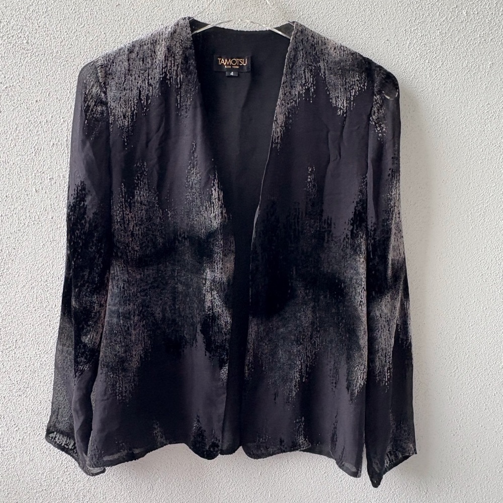 Vintage Tamotsu Black Silk Blend Size‎ 4 Open Front Lightweight Jacket Burnout